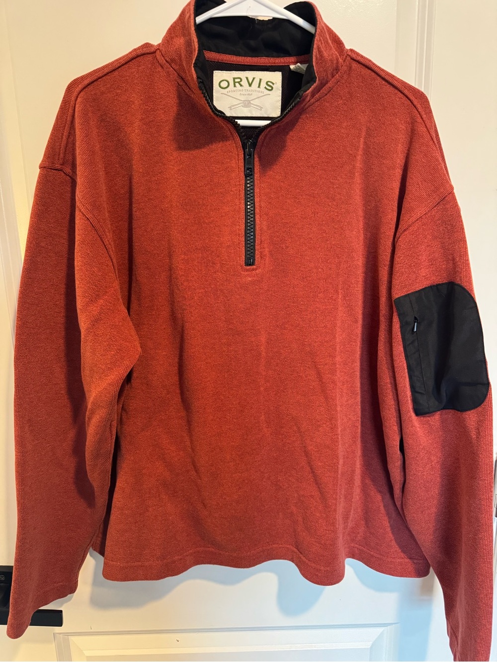 Orvis Men's Brick Quarter-Zip Pullover with Black Sleeve Pocket